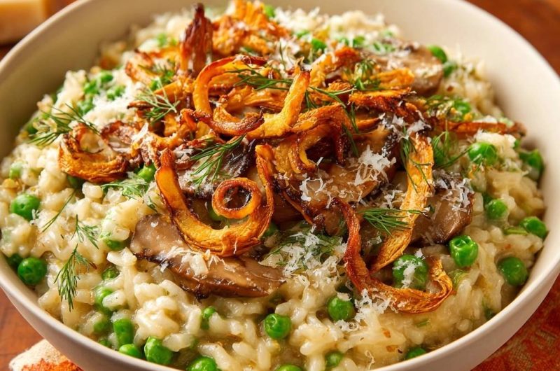 Cremiges Pilz-Erbsen-Risotto mit knusprigen Zwiebeln