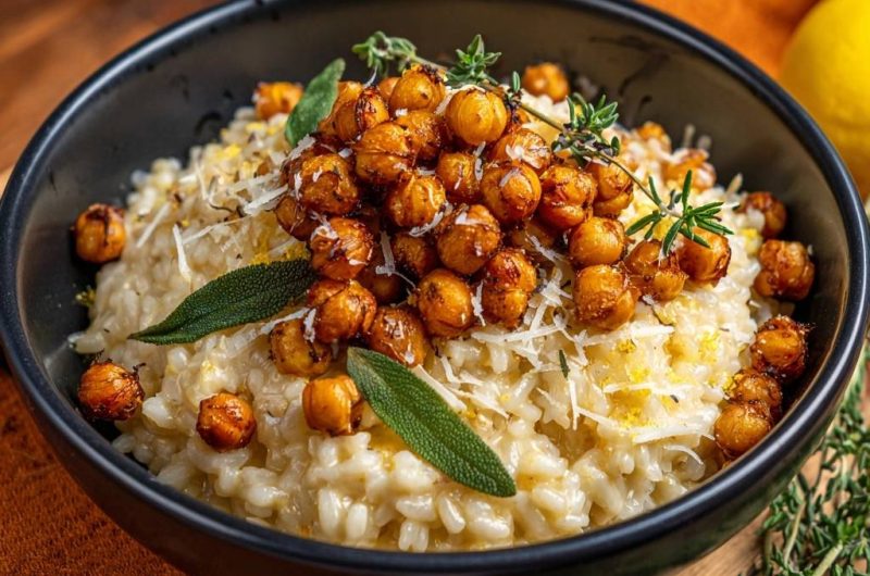Cremiges Zitronenrisotto mit knusprigen Kichererbsen