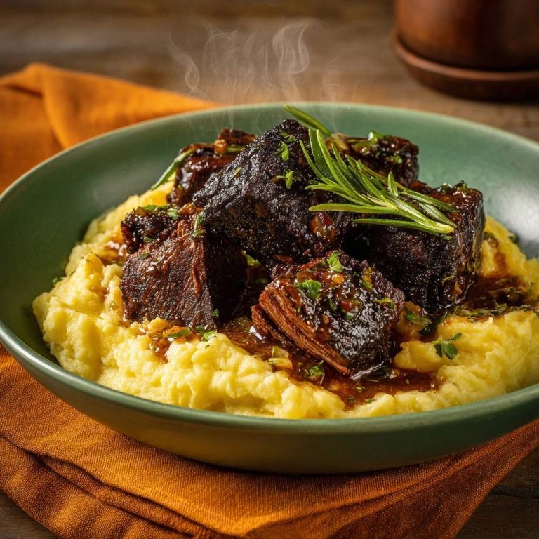 Geschmorte Rindfleischwürfel auf cremigem Kartoffelpüree