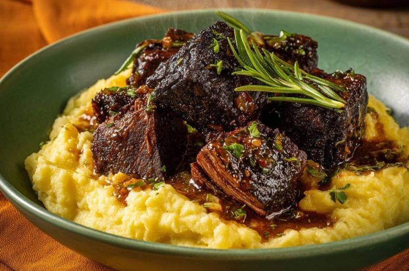 Geschmorte Rindfleischwürfel auf cremigem Kartoffelpüree