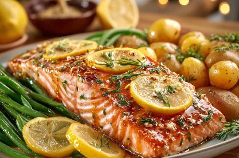 Glasierter Zitronen-Dill-Lachs mit Babykartoffeln und Bohnen