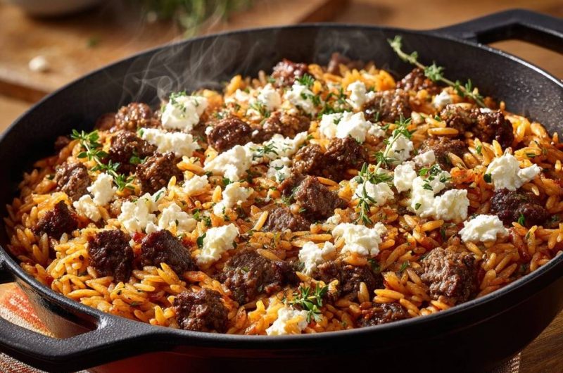Griechischer Tomatenreis mit Fleischbällchen und Feta