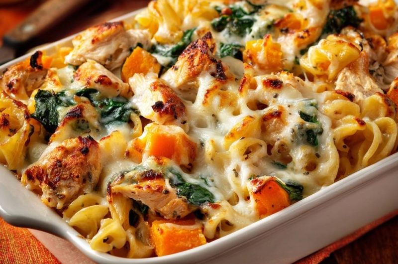 Hähnchen-Kürbis-Spinat-Pasta-Auflauf (Nie wieder trockenes Hähnchen!)