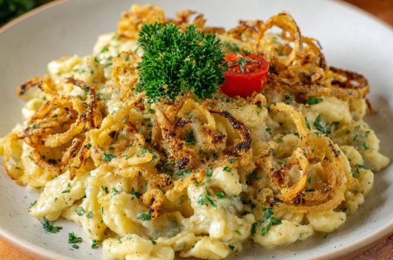 Käsespätzle mit Kräutern und Zwiebeln (Ultra-knusprige Zwiebeln garantiert!)