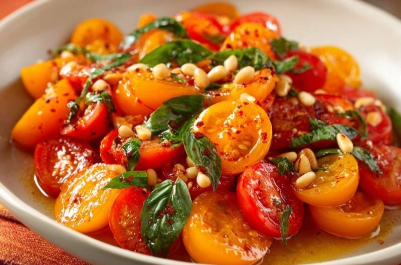 Knackige Kirschtomaten mit Basilikum & Pinienkernen (Nie wieder wässrige Tomaten!)