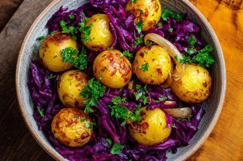 Knusprige Babykartoffeln mit Rotkohl