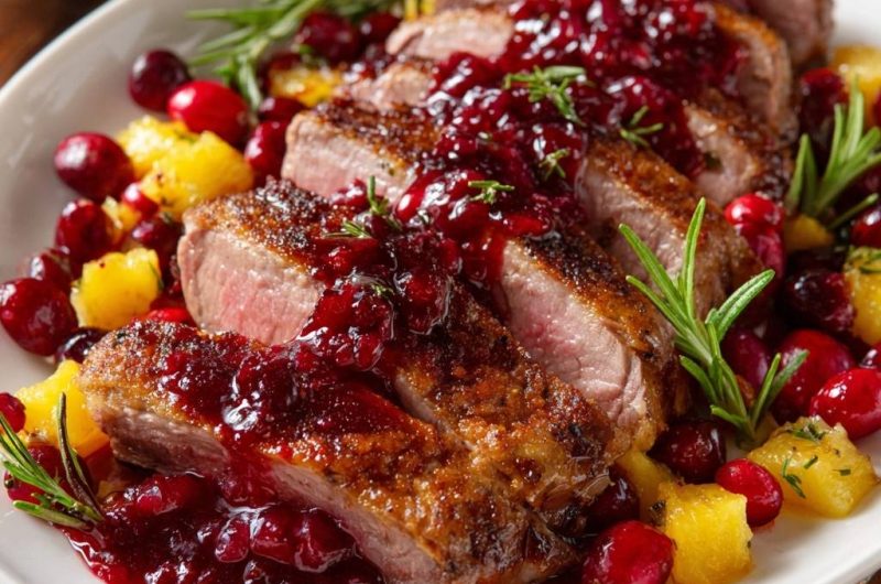 Knusprige Entenbrust mit Cranberry-Ananas-Sauce