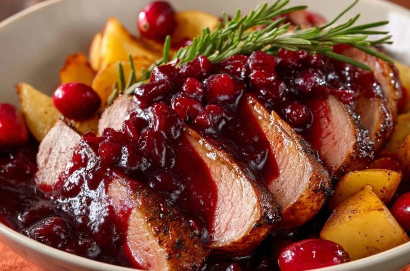 Knusprige Entenbrust mit Cranberry-Sauce und Ofenkartoffeln