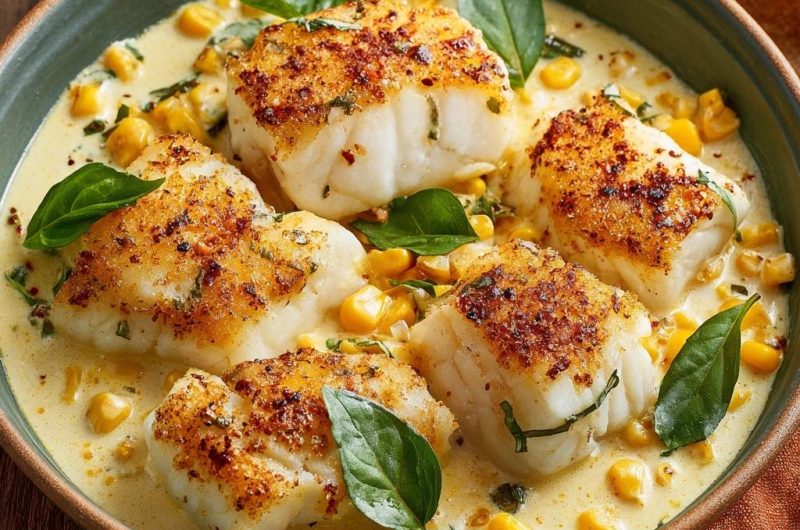 Knuspriger Kabeljau in cremiger Maissoße