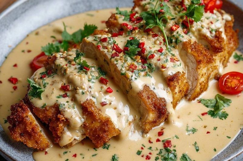 Knuspriges Hähnchen mit cremiger Chili-Sahnesoße