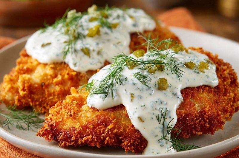 Knuspriges Paniertes Hähnchen mit Dill-Gurkensauce