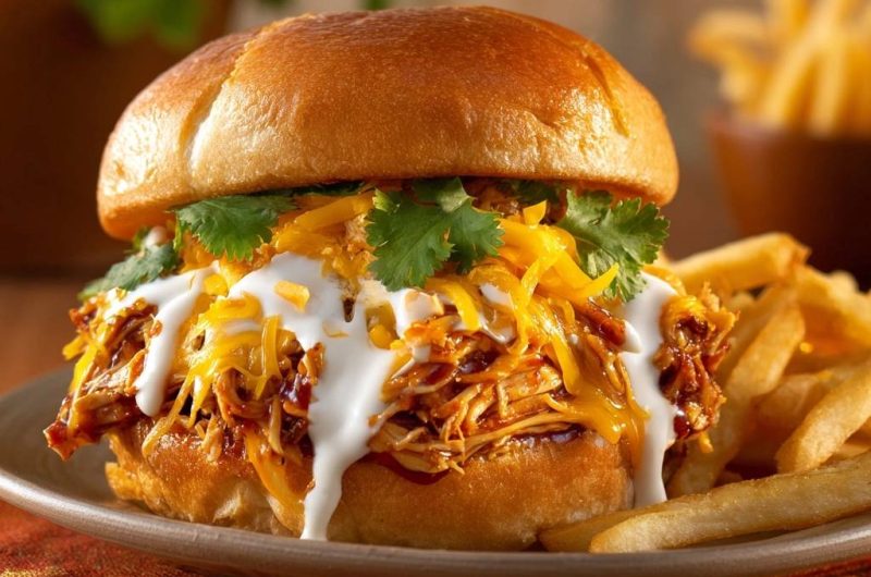 Pulled-Chicken-Burger mit Cheddar, Koriander & Sahnesauce