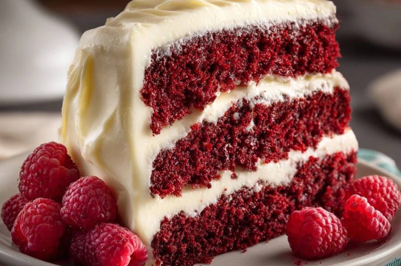 Red Velvet Kuchen mit Frischkäse-Frosting und Himbeeren