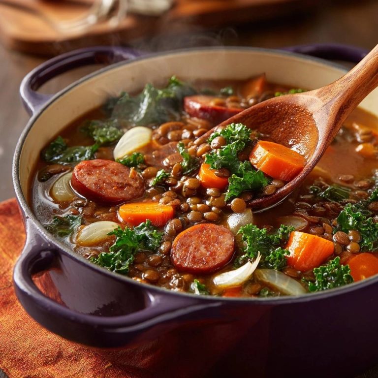 Sämiger Linseneintopf mit Grünkohl, Karotten und Wurst