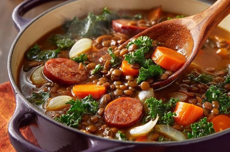 Sämiger Linseneintopf mit Grünkohl, Karotten und Wurst