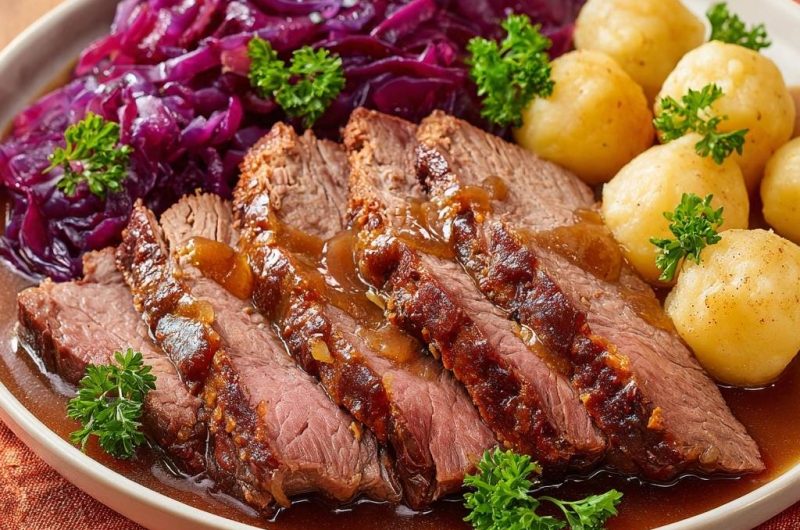 Saftiger Rinderbraten mit Rotkohl und Petersilienkartoffeln