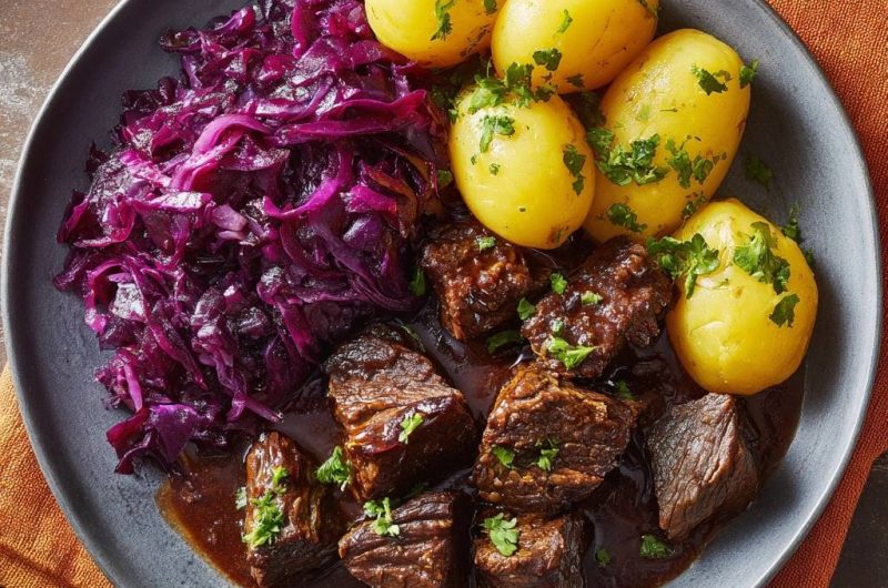 Saftiges Rindergulasch mit Rotkohl und Petersilienkartoffeln