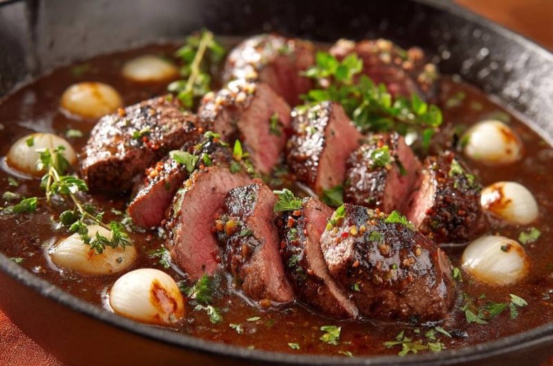 Saftiges Rindfleisch mit Perlzwiebeln und Thymian