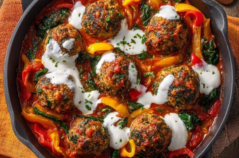 Spinat-Hackbällchen in Paprika-Tomaten-Soße