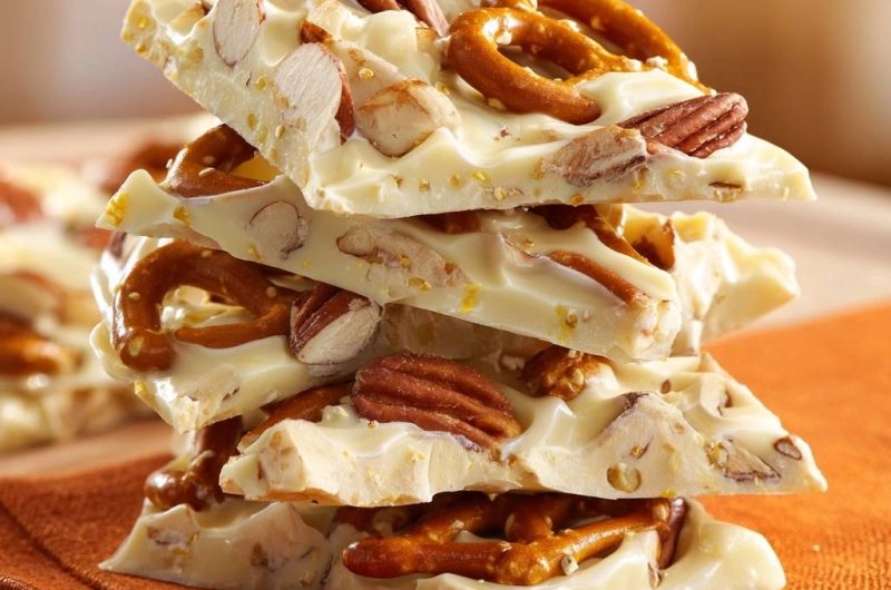 Weiße Schokoladen-Brezel-Bark (Brezeln bleiben knusprig!)