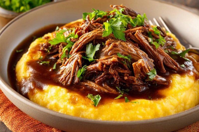 Zartes Pulled Beef auf cremiger Polenta