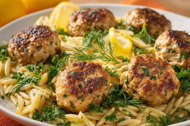 Zitronige Hähnchenfrikadellen mit Orzo