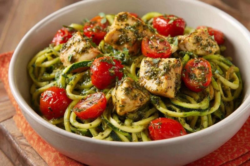 Zucchini-Nudeln mit Hähnchen, Tomaten und Basilikum