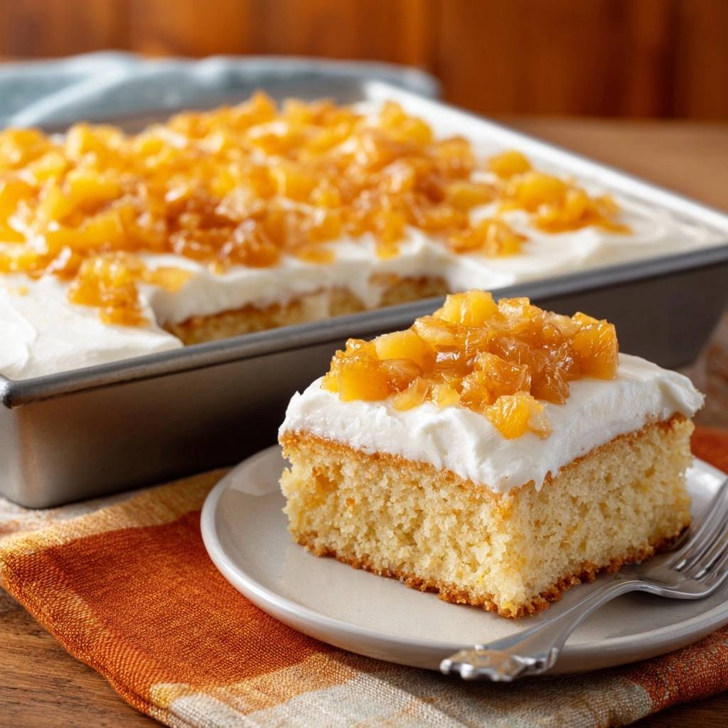 Ananas-Blechkuchen mit Sahnefrosting, serviert auf einem Teller, zeigt eine saftige Kuchen-Scheibe mit cremiger Sahne und Ananas-Topping.