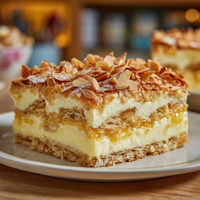 Ananas-Mandel-Cremetorte in Nahaufnahme, wobei die Schichten aus Blätterteig, Ananas und Creme deutlich zu sehen sind.