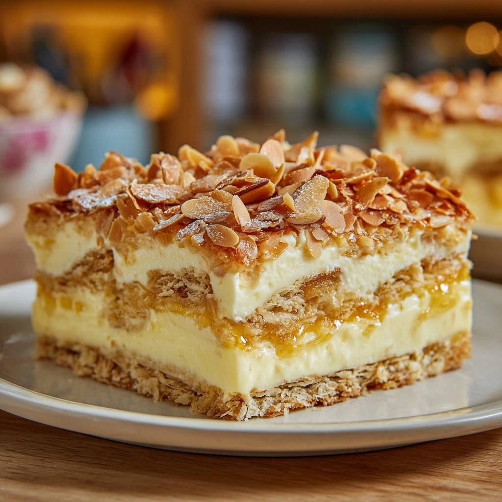 Ananas-Mandel-Cremetorte in Nahaufnahme, wobei die Schichten aus Blätterteig, Ananas und Creme deutlich zu sehen sind.