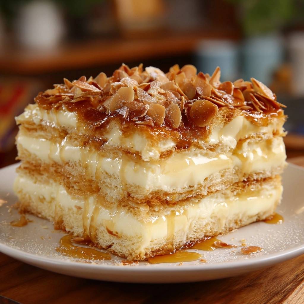 Ananas-Mandel-Cremetorte in Nahaufnahme: Ein Stück der cremigen Torte mit Mandelblättchen und Karamell-Glasur, serviert auf einem weißen Teller.