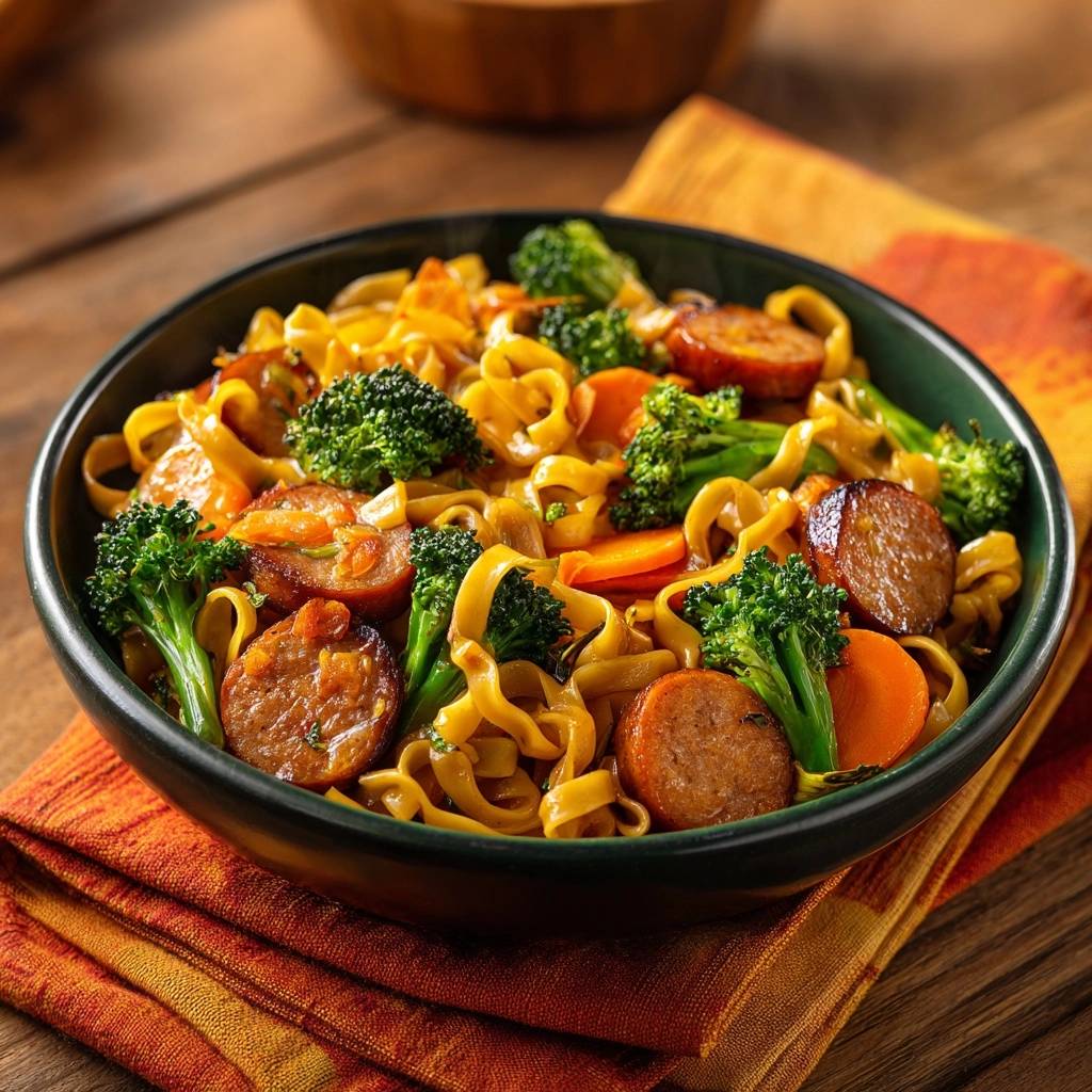 Asiatische Wurst-Nudeln mit Brokkoli & Karotten in einer Schüssel von oben gesehen, mit Nudeln, Wurst und frischem Gemüse.