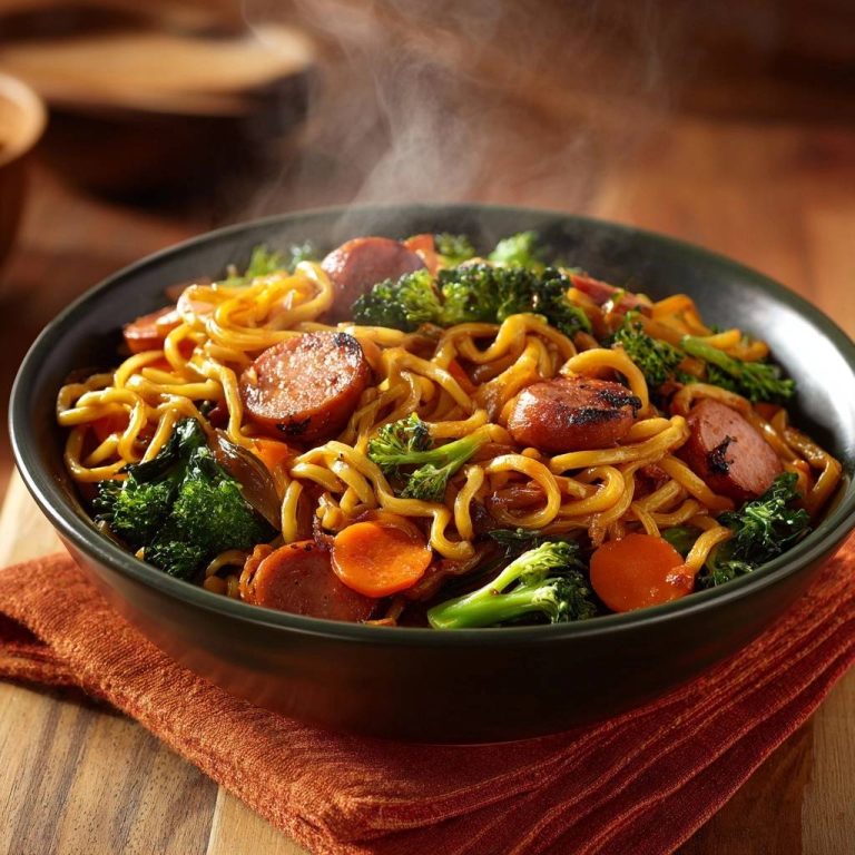 Asiatische Wurst-Nudeln mit Brokkoli & Karotten in einer Schüssel von oben gesehen, mit dampfenden Nudeln, Wurst und frischem Gemüse.