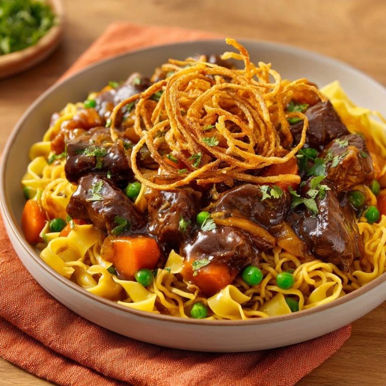 Asiatisches Rindfleisch-Nudel-Curry, serviert in einer Schüssel, mit knusprigen Zwiebeln garniert und von oben fotografiert.