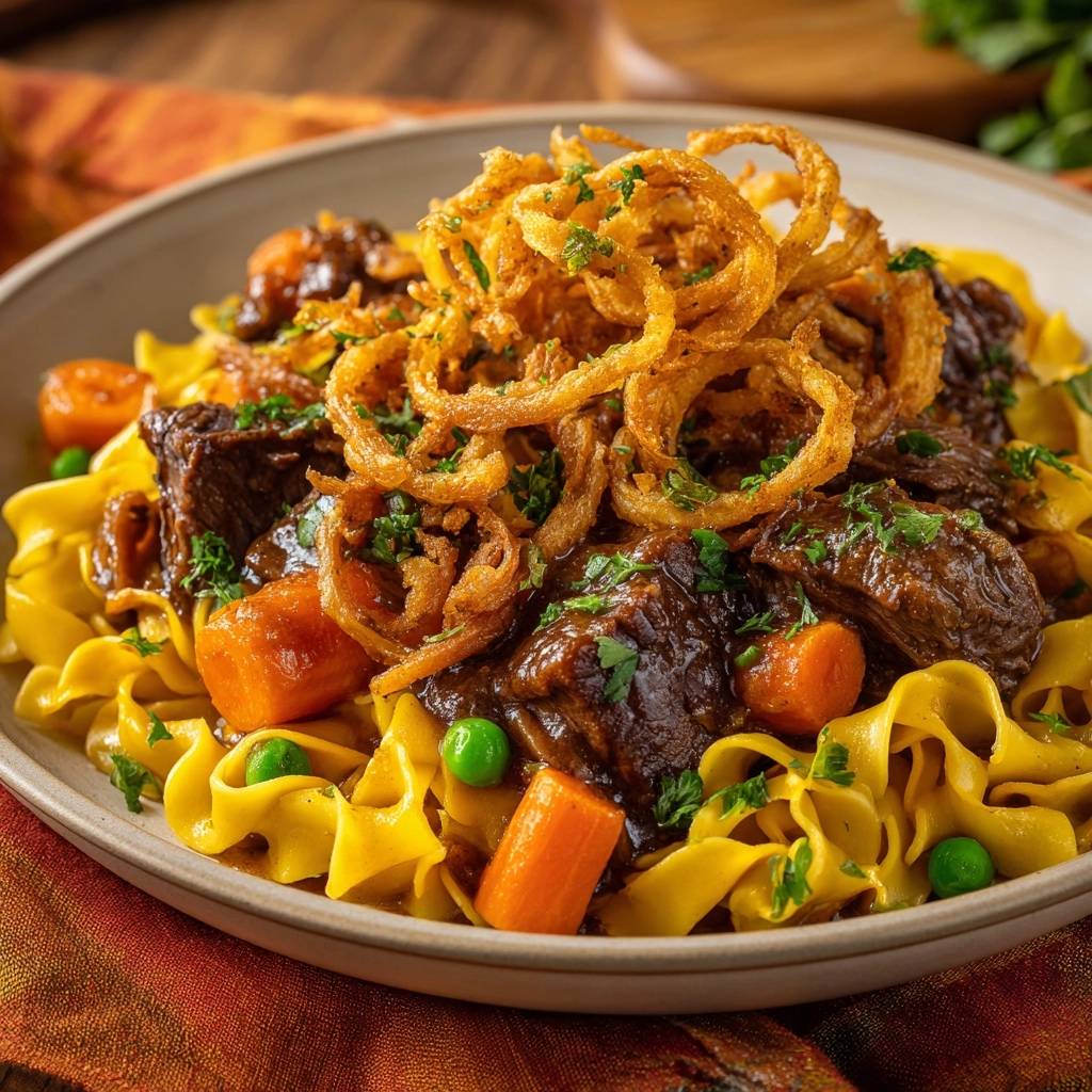 Asiatisches Rindfleisch-Nudel-Curry serviert in einer Schüssel mit knusprigen Zwiebelringen und frischer Petersilie garniert.