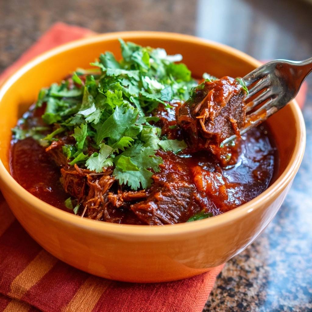 Birria Rindfleisch in einer orangefarbenen Schüssel, mit frischem Koriander garniert und ein Stück davon auf einer Gabel.