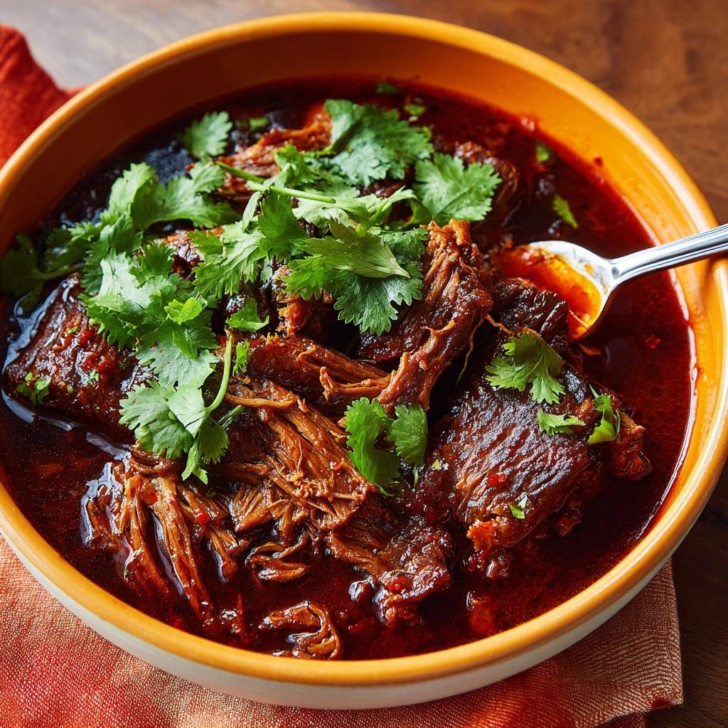 Birria Rindfleisch, serviert in einer Schüssel und garniert mit frischem Koriander. Ein köstliches Gericht für Fleischliebhaber.