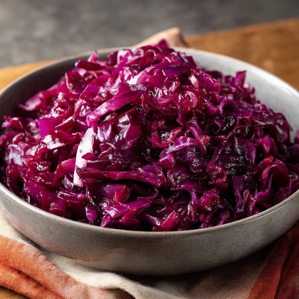 Bissfester Rotkohl Nahaufnahme 1 Bissfester Rotkohl glänzt in einer Nahaufnahme, der violette Krautkopf in einer Schüssel serviert. Die Textur des Rotkohls ist deutlich sichtbar.