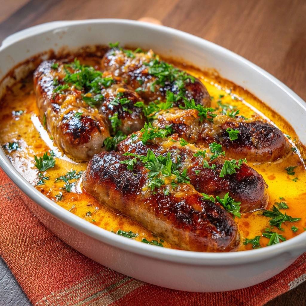 Bratwuerste In Cremiger Currysauce Draufsicht 1 Bratwürste in cremiger Currysauce, serviert in einer Auflaufform, garniert mit frischer Petersilie und einer leckeren, gelben Sauce.