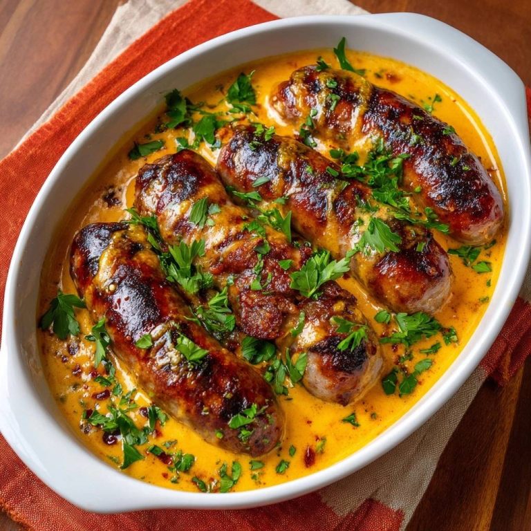 Bratwürste in cremiger Currysauce von oben in einer Auflaufform serviert, garniert mit frischer Petersilie und umgeben von cremiger Sauce.