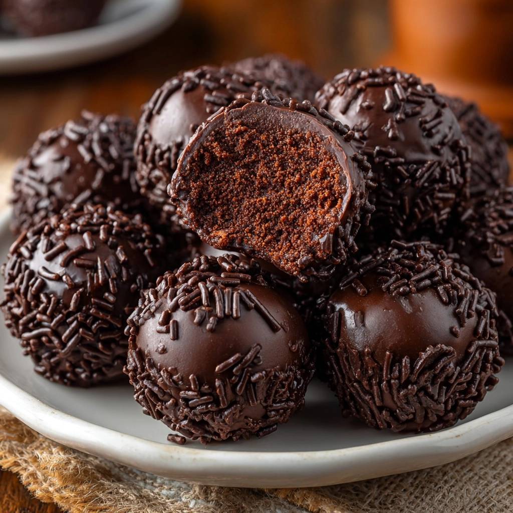 Brigadeiros Querschnitt Nahaufnahme 1 Brigadeiros sind köstliche Schoko-Trüffel mit einer zarten Textur und einem intensiven Geschmack. Diese Nahaufnahme zeigt den angeschnittenen Brigadeiro mit seiner cremigen Füllung.