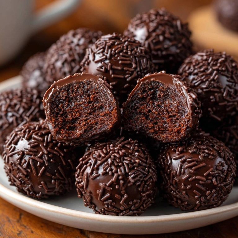 Brigadeiros, saftige Schoko-Trüffel mit Schokoladenstreuseln, zeigen eine Nahaufnahme des Anschnitts und die weiche Innenseite.