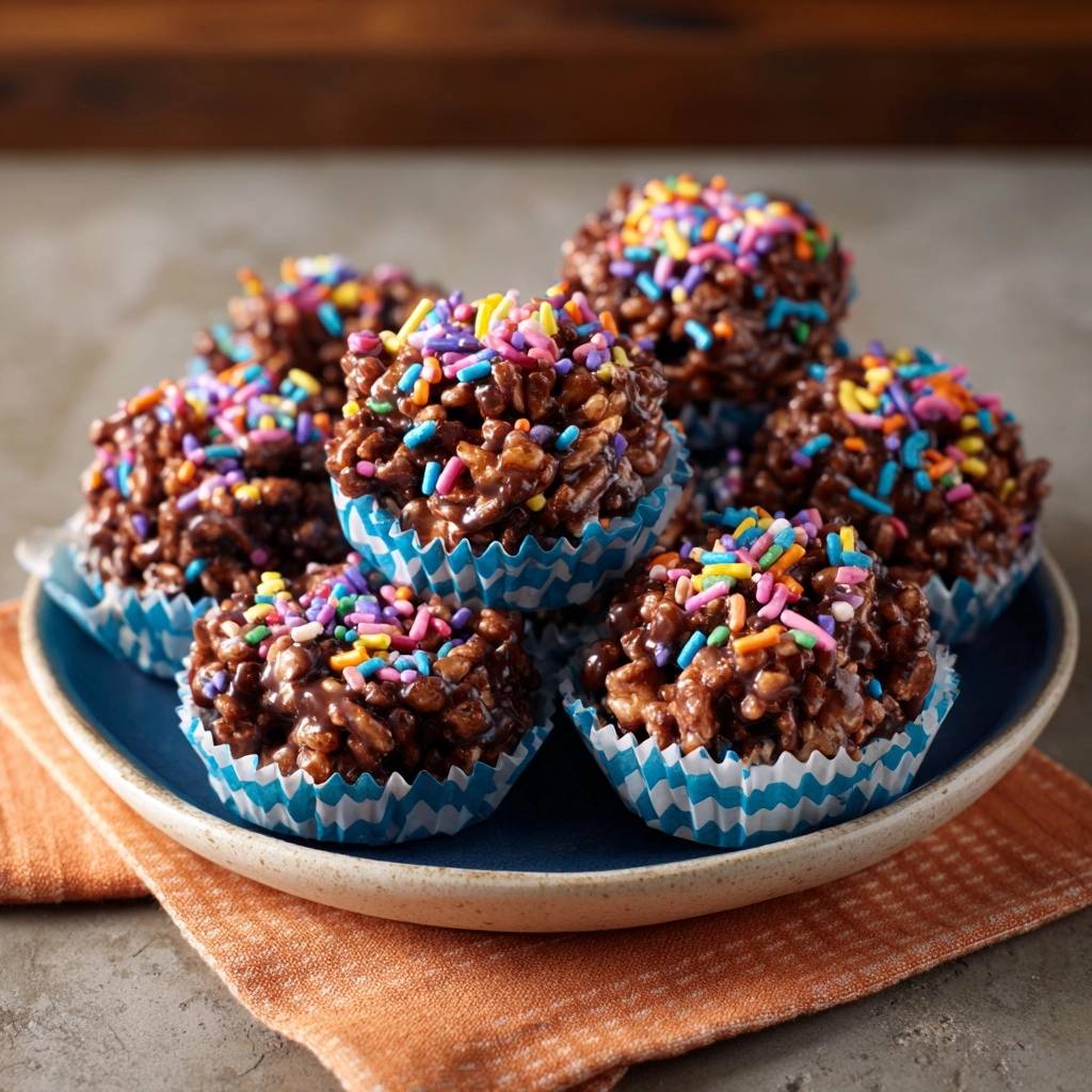 Bunte Schoko Puffreis Happen Serviert 1 Bunte Schoko-Puffreis-Happen serviert auf einem blauen Teller. Die kleinen Küchlein sind mit bunten Streuseln dekoriert und in Papierförmchen angerichtet.