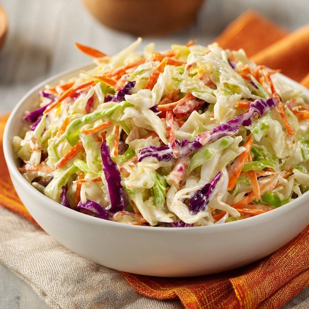 Knackiger Bunter Coleslaw als Nahaufnahme in einer weißen Schüssel, mit Rotkohl und Möhren.