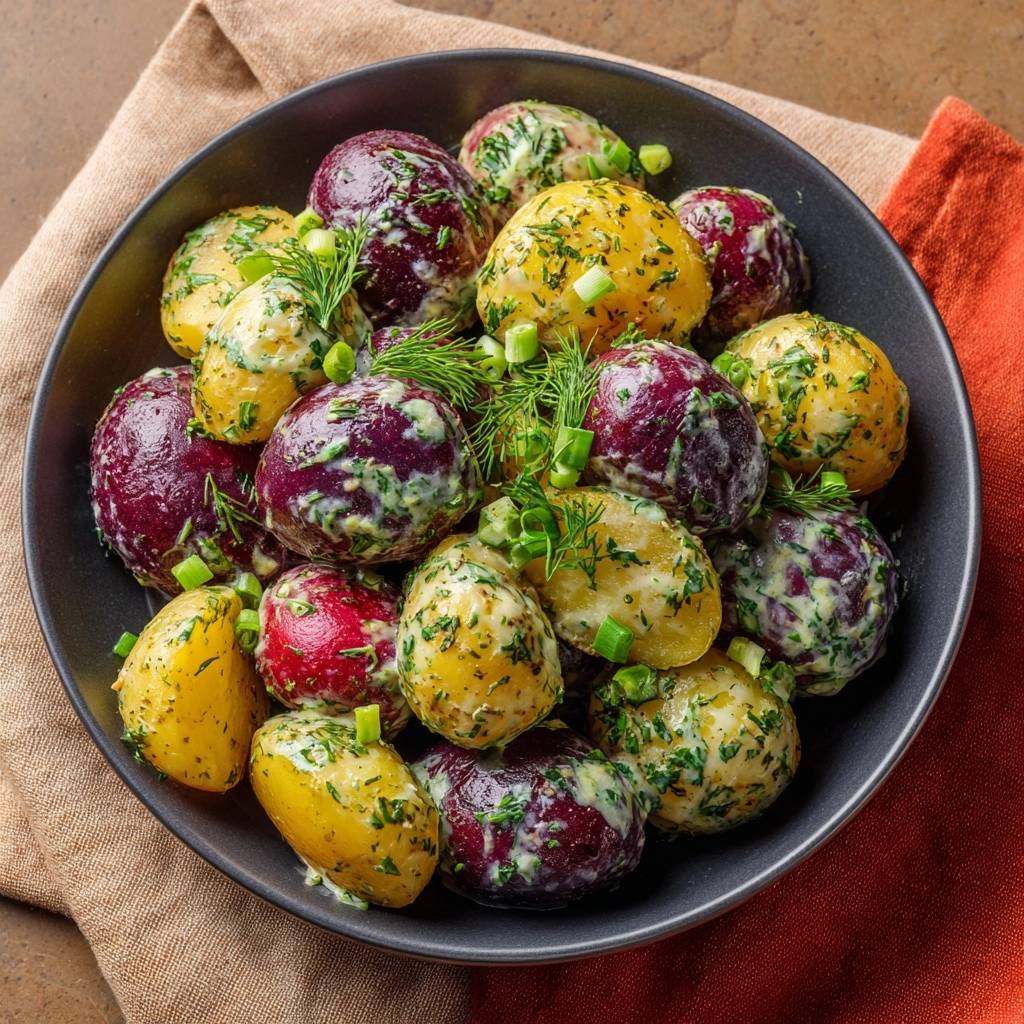 Bunter Dill Kartoffelsalat Draufsicht Serviert 1 Bunter Dill-Kartoffelsalat in einer schwarzen Schüssel serviert, mit frischen Kräutern garniert und von oben fotografiert.