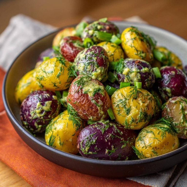 Bunter Dill-Kartoffelsalat, serviert in einer Schüssel. Die bunten Kartoffeln sind mit frischem Dill und einer cremigen Sauce garniert.