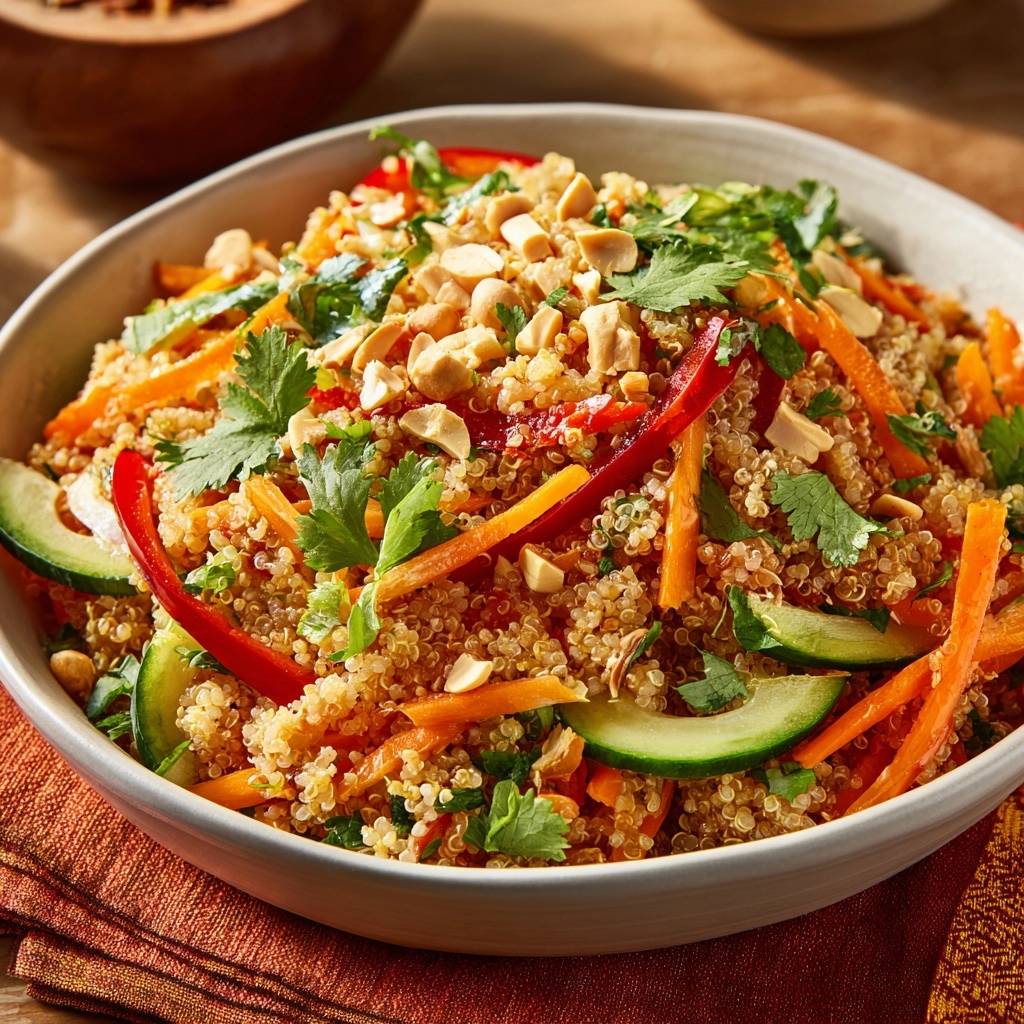 Bunter Quinoa Gemuesesalat Draufsicht Mit Erdnuss Topping 1 Bunter Quinoa-Gemüsesalat von oben betrachtet, garniert mit frischem Koriander und gehackten Erdnüssen. Ein köstliches und farbenfrohes Gericht.