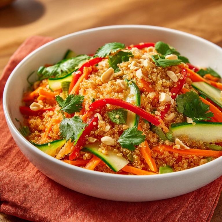 Bunter Quinoa-Gemüsesalat serviert in einer weißen Schüssel, garniert mit frischem Koriander und Erdnüssen, von oben fotografiert.