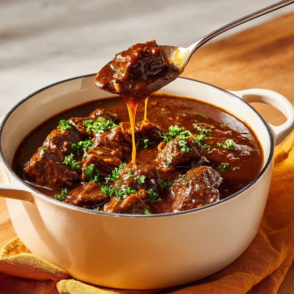 Butterzartes Rindergulasch Lffel Nahaufnahme 1 Butterzartes Rindergulasch wird vom Löffel in die Schüssel gegossen, eine Nahaufnahme zeigt die köstliche Soße.