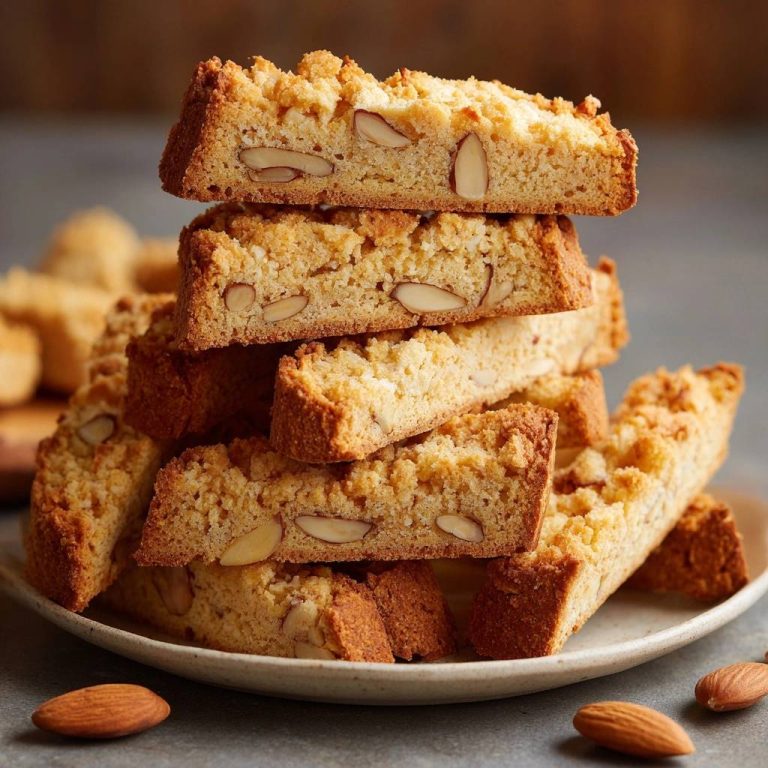 Cantuccini – Knusprige Mandelkekse sind hier in einem gestapelten Haufen zu sehen, mit Mandelstiften durchzogen. Die Kekse sind in einer Nahaufnahme abgebildet.